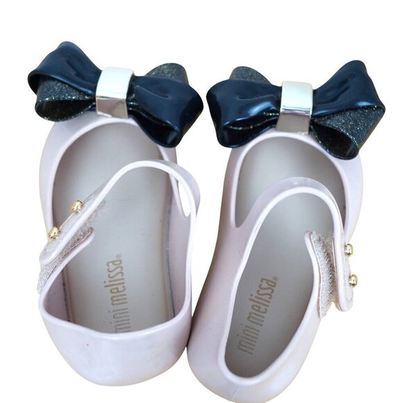 Mini Melissa Ultragirl Sweet‎ V Beige & Black Baby Girls Shoes Size 5 With Bow - Picture 3 of 6